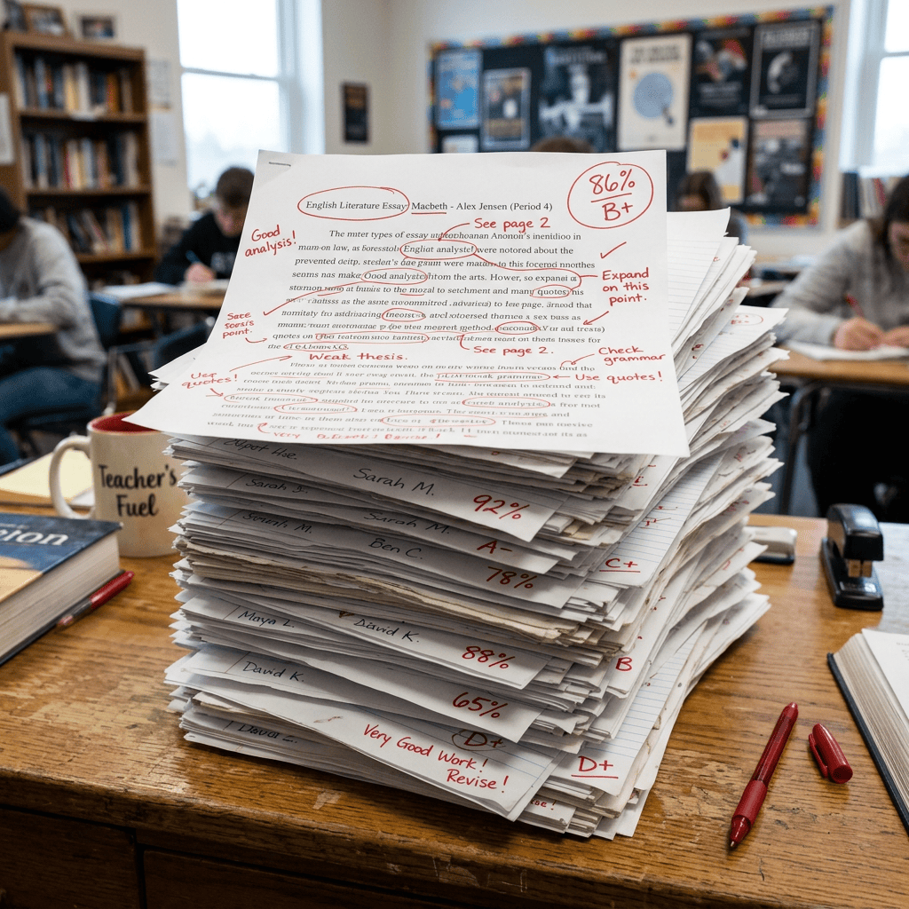 Stack of graded English literature essays with red ink corrections and grades